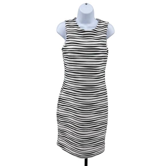 Calvin Klein Dress White Black Womens 6 Textured Striped Wave Bodycon Sleeveless - Picture 1 of 7